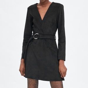 ZARA Faux Suede V Neck Long Sleeve Mini Dress Med